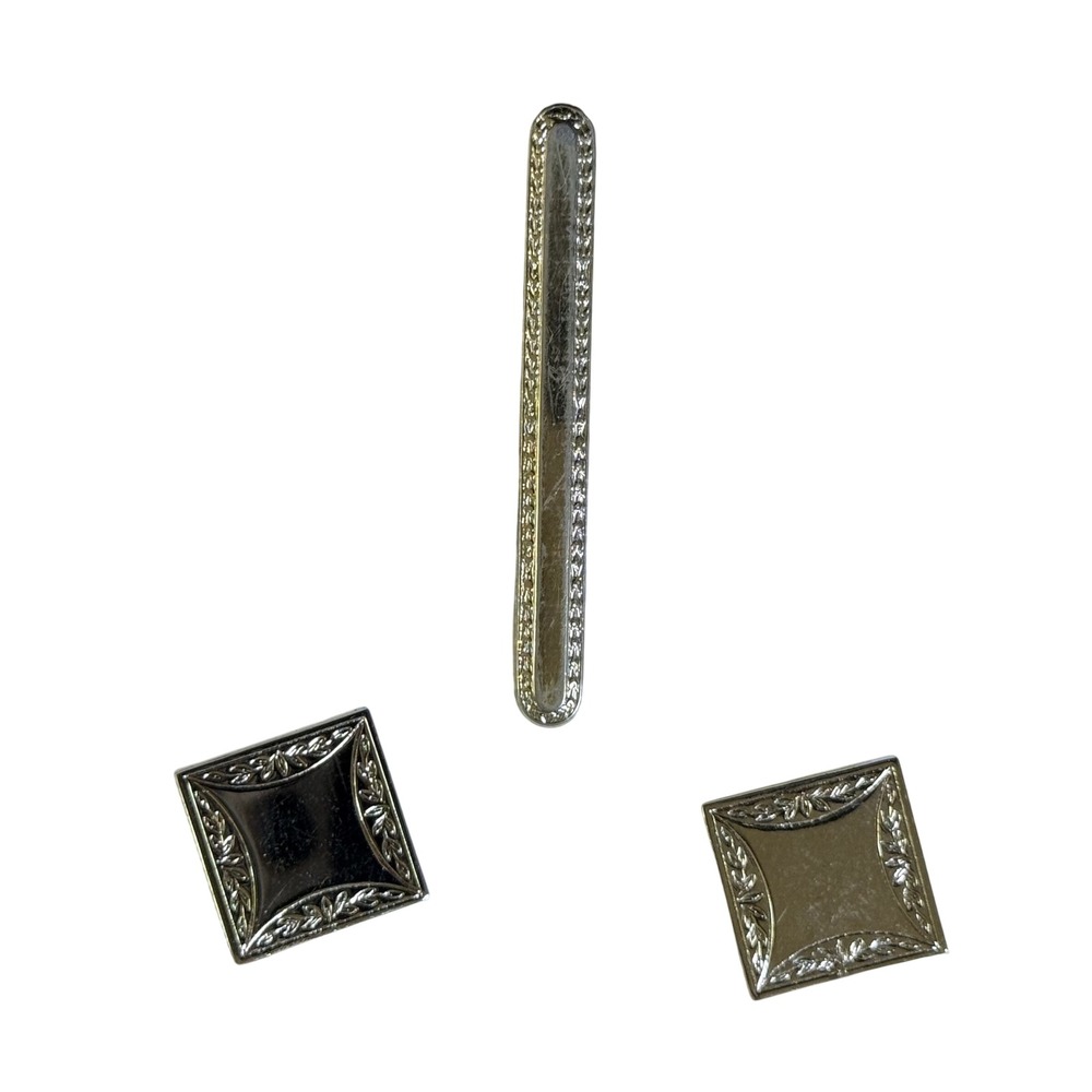Vintage Cufflinks Tie Clip Set Silver Tone Square Design Elegant Formal‎